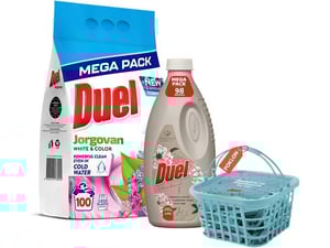 Duel Praškasti deterdžent Jorgovan 9kg + Omekšivač Like a diamond 2,45l +Poklon kutija sa štipaljkama
