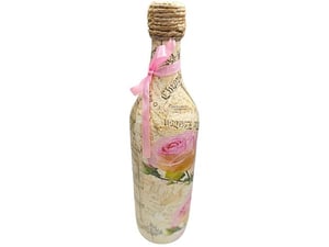 Etnoria dekupaž RoseVintage unikatna staklena flaša – ručno oslikana, rustična dekoracija i poklon