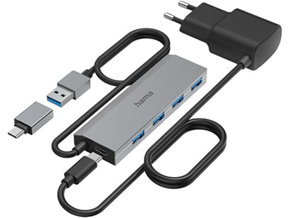 Hama USB Hub, 4 Ports, USB 3.2 Gen 1,5 Gbit/s USB-C adapter i PSU