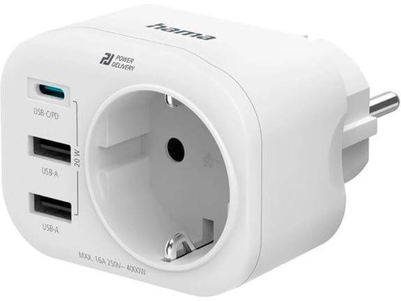 Hama Strujni adapter 1xUSB-C, 2x USB-A 1x uzemlj. 20W PD