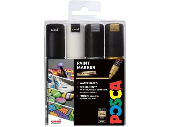 Uni Set PC-8K Posca 8mm 4 kom crni,beli,srebrni I zlatni