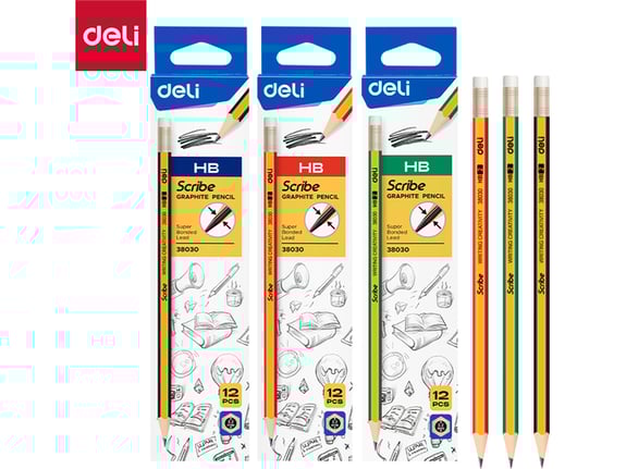 Deli Grafitne olovke sa gumicom žuto-plave i crvene HB 1/12 E38030