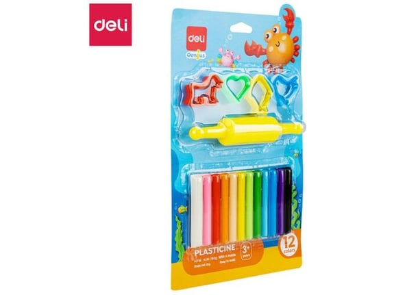 Deli Plastelin 160g - 12 boja sa 1 rolerom i 4 šablona EH716
