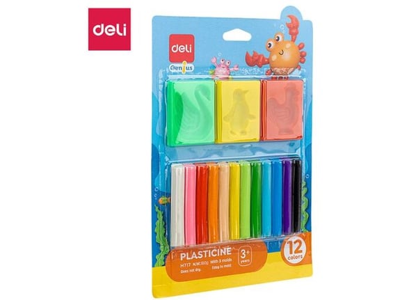 Deli Plastelin 160g - 12 boja sa 3 šablona Životinje EH717