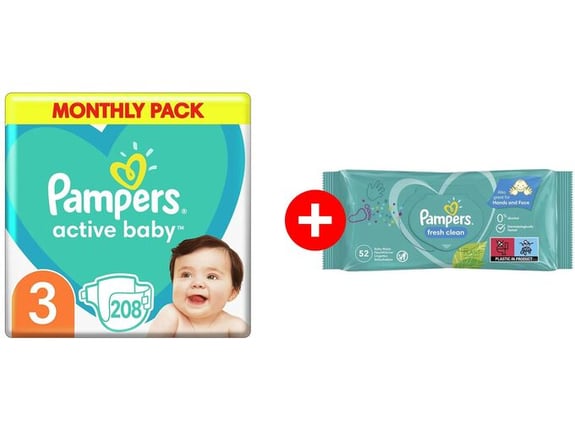 Pampers Active baby Pelene mesečno pakovanje S3 208 + Gratis vlažne maramice Fresh 52