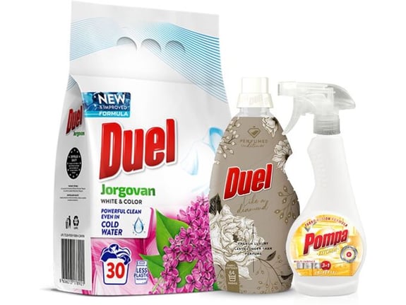 Duel Deterdžent Jorgovan 2.7kg + Omekšivač Like a diamond 1.6l + Sredstvo za čišćenje kuhinje 500ml