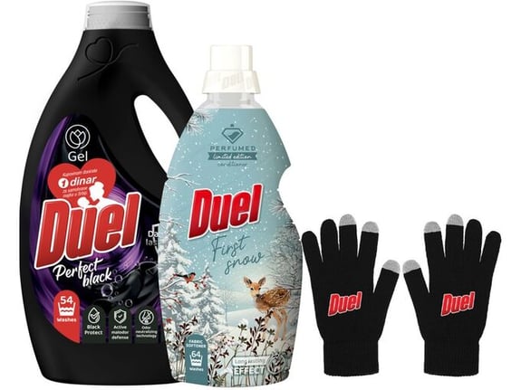 Duel Tečni deterdžent Perfect black 2.45l + Omekšivač First snow 1.6l + Touch glow Rukavice