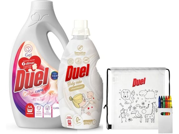 Duel Tečni deterdžent Color care 2.45l + Omekšivač Baby care 1.6l + Ranac