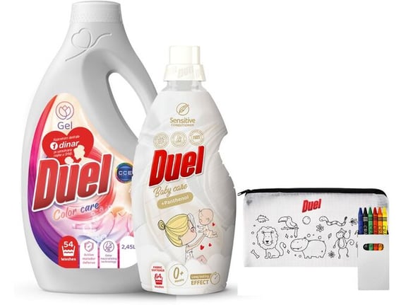 Duel Tečni deterdžent Color Care 2.45l + Omekšivač Baby care 1.6l + Pernica