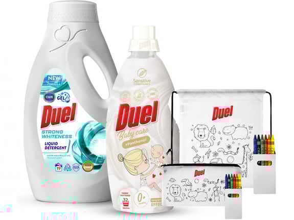 Duel Tečni deterdžent Strong Whiteness 855ml + Omekšivač Baby care 800ml + Ranac i Pernica