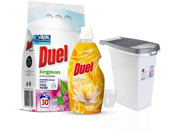 Duel Deterdžent Jorgovan 2.7kg + Omekšivač Soft lotus 1.6l + Kutija za prašak
