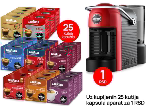 25 Lavazza AMM kapsula za kafu + Jolie Aparat za kafu za 1 rsd (crveni)
