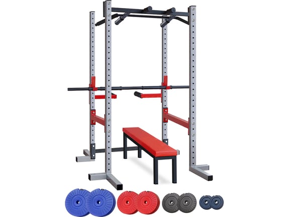 IRON SPORT Kavez sa dodacima za propadanje trbušnjake i zgibove sa ravnom klupom 64kg tegova i 2+1 šipkom