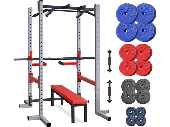 IRON SPORT Kavez sa dodacima za propadanje trbušnjake i zgibove sa ravnom klupom 128kg tegova i 2+1 šipkom