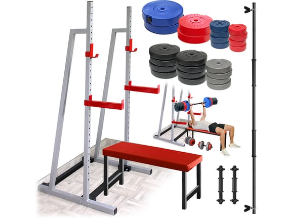 Stalak za tegove sa bar holderima - Ravna klupa 117cm x 31cm - Tegovi 118kg tegova i 2+1 šipka