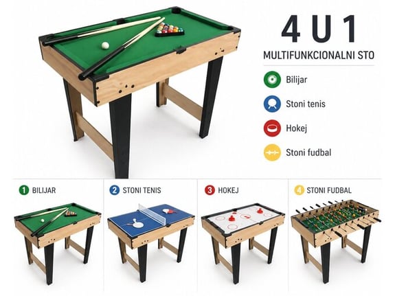 Shoppster Sto za igru 4 u 1 MP01 - bilijar, stoni fudbal, stoni tenis i hokej