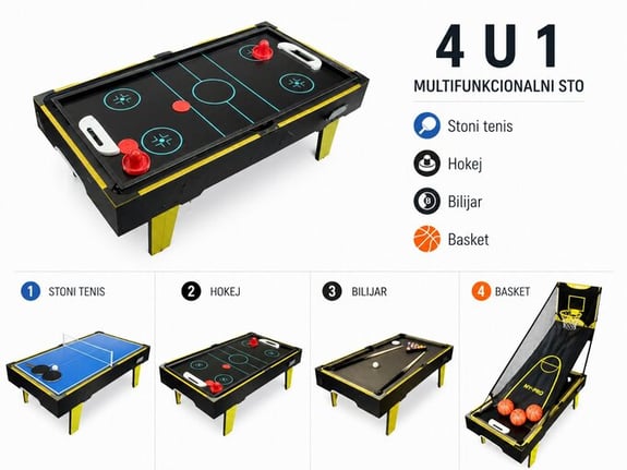 Shoppster Sto za igru 4 u 1 sto za igru MP02 - koš, bilijar, stoni tenis i hokej