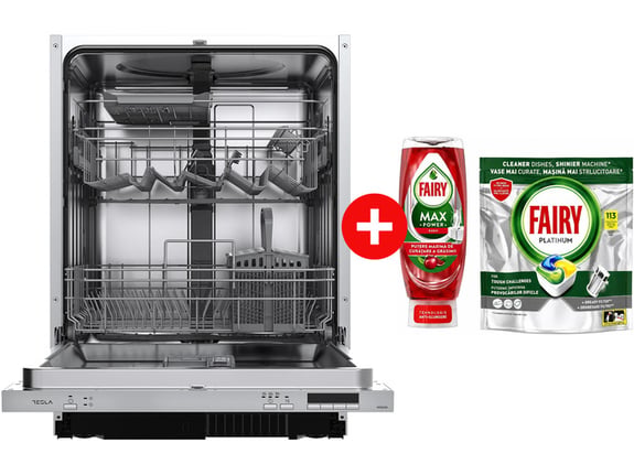 Tesla Ugradna mašina za pranje sudova WDI662M +
Fairy Kapsule za pranje sudova Platinum 113 kom + Fairy Tečni deterdžent Max power Pomegranate 545ml