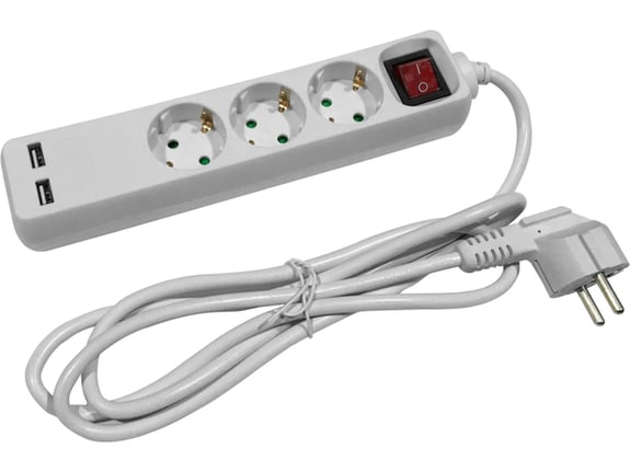 Entac Produžni kabl sa prekidačem trostruki 3m + 2 USB