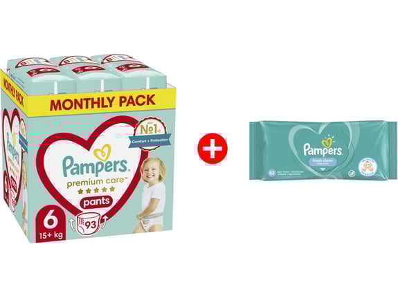 Pampers Pelene Premium Care Pants veličina 6 93kom + Gratis vlažne maramice Fresh 52