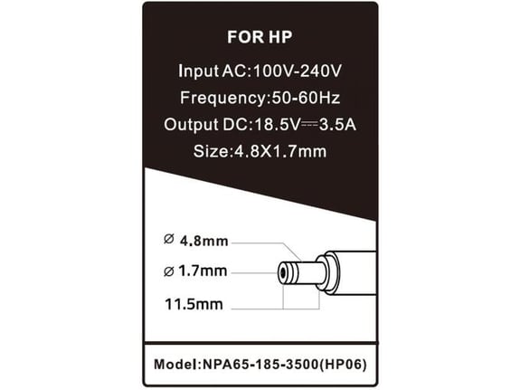 Gembird Punjač za laptop 65W-18.5V-3.5A, 4.8x1.7mm (860) NPA65-185-3500 (HP06)