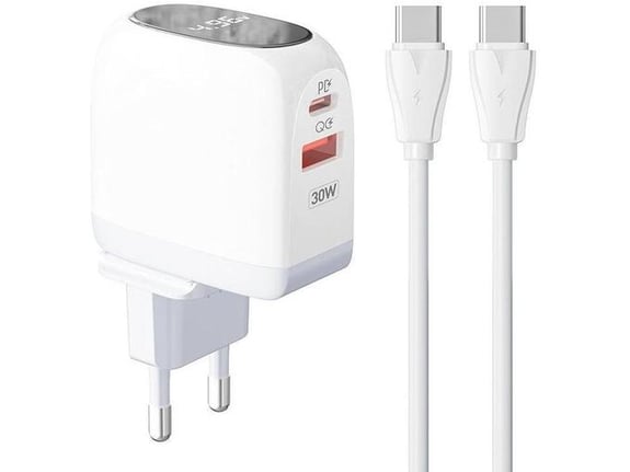 Kućni punjač Ldnio A2522C QC30, PD, PPS, LED Display, 30W sa Type C na Type C kablom