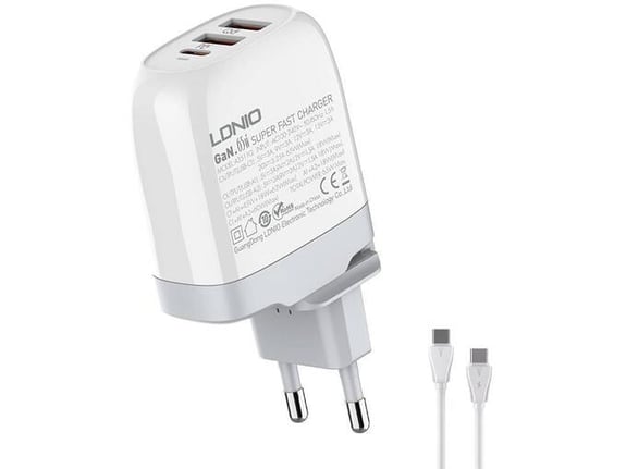 Kućni punjač Ldnio A3511Q PD, QC4+, QC30, PPS, 65W Type C na Type C