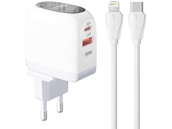 Kućni punjač LDNIO A2522C QC3 0, PD, PPS, LED Display, 30W sa Type C na iPhone ning kablom
