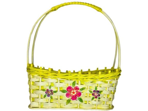 Etnoria dekupaž ručno pletena korpa Barčica, od pruća sa etno cvetnim motivima, za ukras, za poklon, za baštu