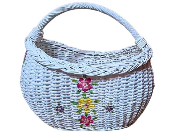 Etnoria dekupaž velika ručno pletena Etno korpa od pruća sa etno cvetnim motivima, za baštu, za pijacu, za ukras, za poklon