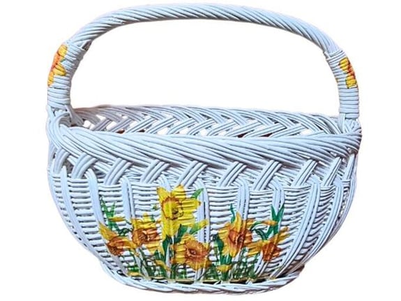 Etnoria dekupaž velika ručno pletena Narcis korpa od pruća sa etno cvetnim motivima, za baštu, za pijacu, za ukras, za poklon