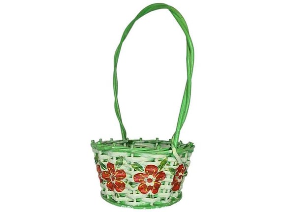 Etnoria dekupaž ručno pletena korpa Bosiljčica, od pruća sa etno cvetnim motivima, za baštu, za ukras, za poklon