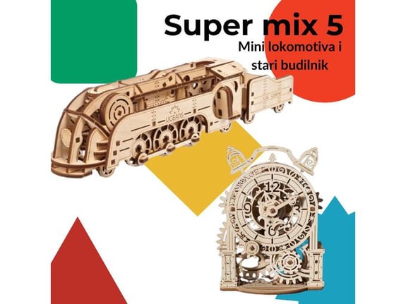 Ugears 3D puzzle Super mix 5 - Lokomotiva i budilnik