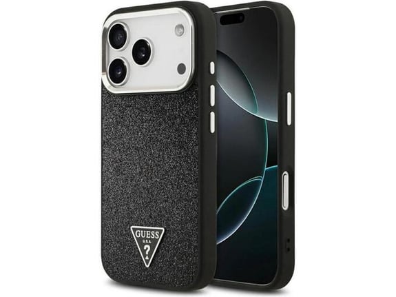 Maska za iPhone 17 Pro Case Guess Glitter Triangle Logo MagSafe crna