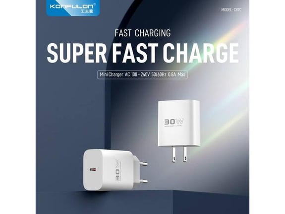 Kućni punjač KONFULON C87c + DL50, 30W, sa PD kablom Type C na iPhone lightning beli