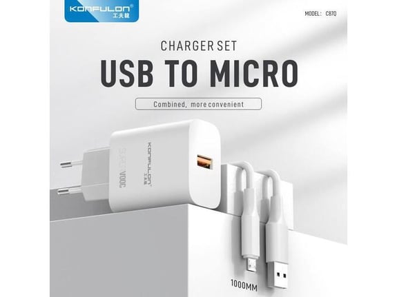 Kućni punjač KONFULON C87Q, sa micro USB kablom beli