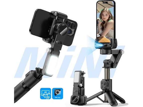 Tripod stabilizator Q19 smart AI sa selfie stickom i LED svetlom crni