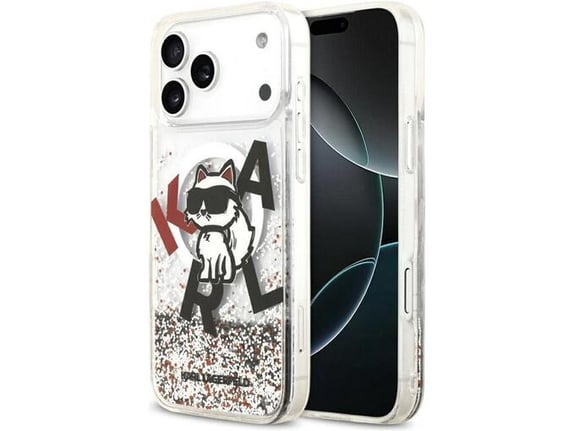 Maska za iPhone 17 Pro Max Karl Lagerfeld Liquid Glitter Choupette Logo MagSafe bela