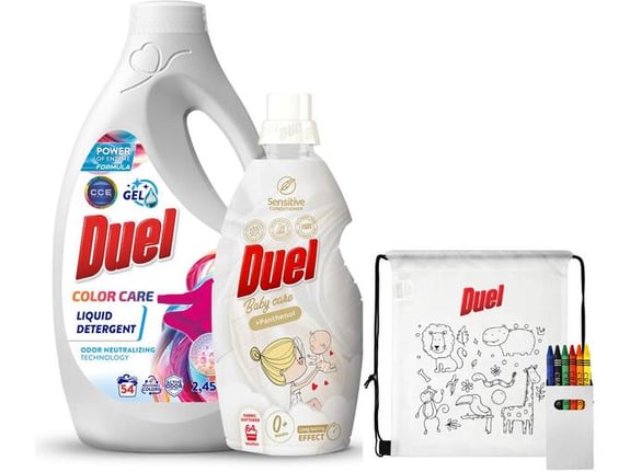 Duel Tečni deterdžent Color care 2.45l + Omekšivač Baby care 1.6l + Ranac