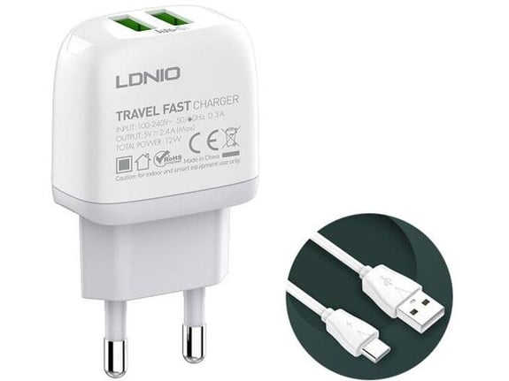 Kucni punjac LDNIO A2219 2xUSB 5V 2.4A 12W sa kablom USB na Type-C beli