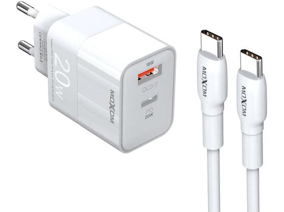 Kucni punjac Moxom MX-HC134 Fast Charge QC 18W PD20W sa kablom Type-C na Type-C beli