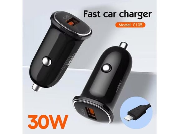 LDNIO Auto punjač C105 30 W QC3.0 sa Lightning kablom crni