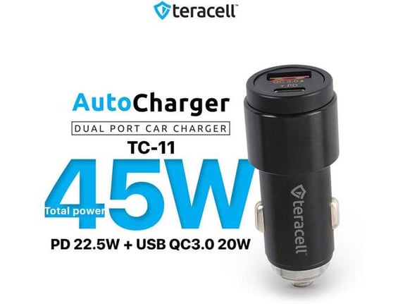 Auto punjač Teracell Evolution TC-11 PD 22.5W + USB QC3.0 20W, 45W (total) sa Lightning kablom crni