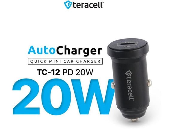 Auto punjač Teracell Evolution TC-12 PD 20W crni sa PD Lightning kablom crni