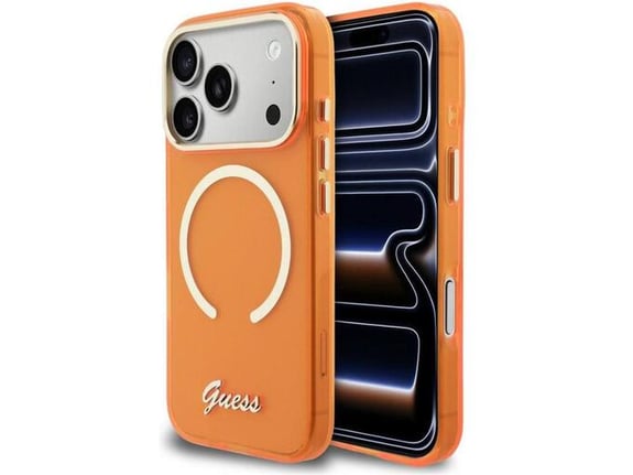 Maska Guess IML Script Metal MagSafe za iPhone 17 Pro narandzasta