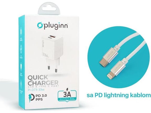 Kućni punjač Pluginn PI-D73, QC3.0 PD3.0, PPS, USB-PD 18W+20W, 38W (total) sa kablom Type-C na iPhone Lightning beli