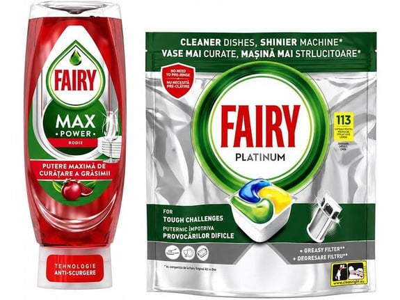 Fairy Kapsule za pranje sudova Platinum 113 kom + Fairy Tečni deterdžent Max power Pomegranate 545ml