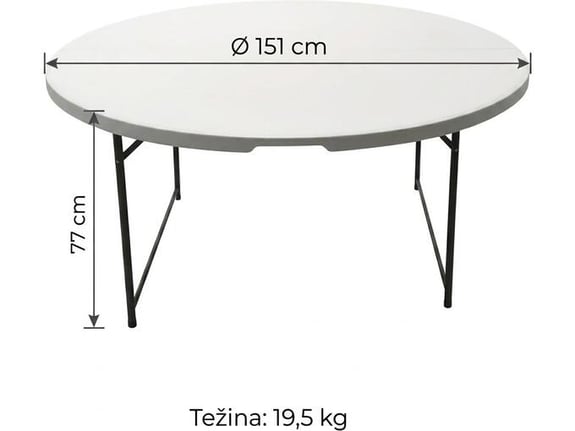 Okrugli sklopivi sto, 151 cm, visina 77 cm, Za 10 osoba