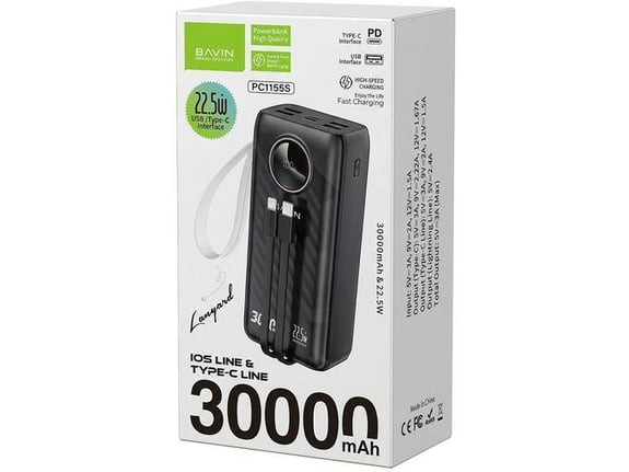 Bavin Power Bank 30000 mAh 22.5W type USB A + type C PC1156S crna