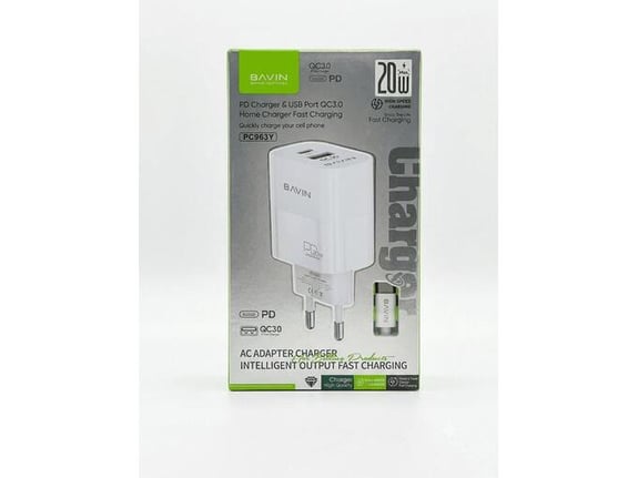 Bavin punjač 20W PD Usb A/Type C + kabl C-C PC963Y-CC bela